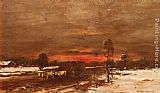 Winter Canvas Paintings - A Winter Landscape at Sunset